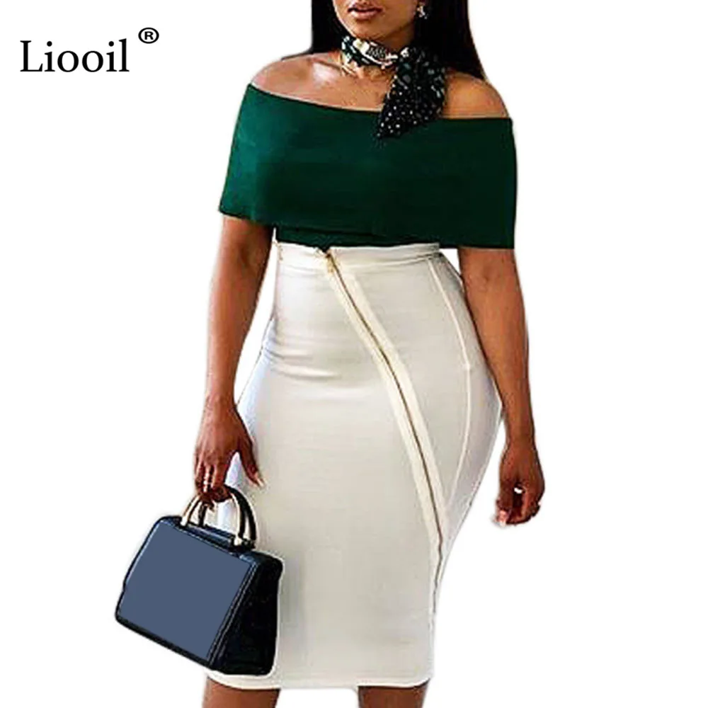 

Liooil Patchwork Two Piece Bodycon Dress Women Sexy Clubwear 2019 Off Shoulder Sheath Short Sleeve Strapless Party Midi Dresses