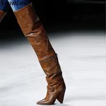 Schoenen Vrouw/Обувь для девочек; сапоги до бедра с острым носком; винтажная кожаная зимняя обувь коричневого цвета; женские высокие рыцарские сапоги на не сужающемся книзу массивном каблуке