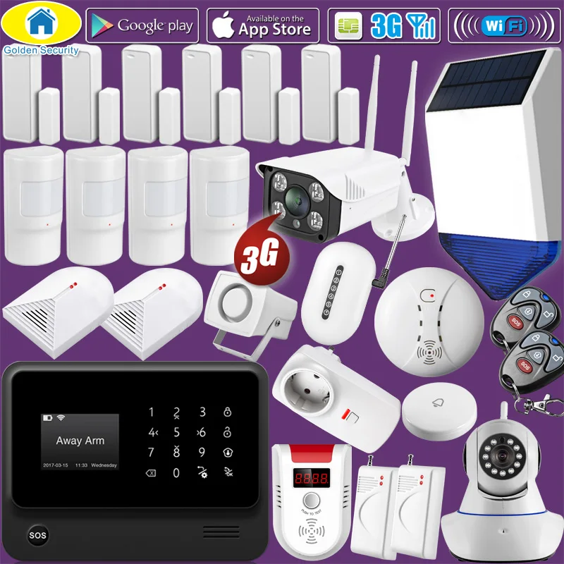 Kit 1080P WiFI IP Camera G90B Plus+ WiFi 3G GSM Home Alarm System SecuritySignal RepeaterSolar Power SirenGlass Break Sensors