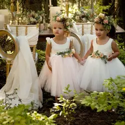 Новое поступление 2019 года, белое кружевное фатиновое бальное платье с цветочным узором для девочек, платье подружки невесты на свадьбу