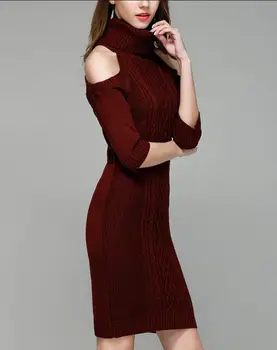 

Women's Knit Dress Autumn Temptation Off Shoulder Mini Package hip skirt Sexy Turtleneck Slim Dress joker Pencil skirt Retro ol