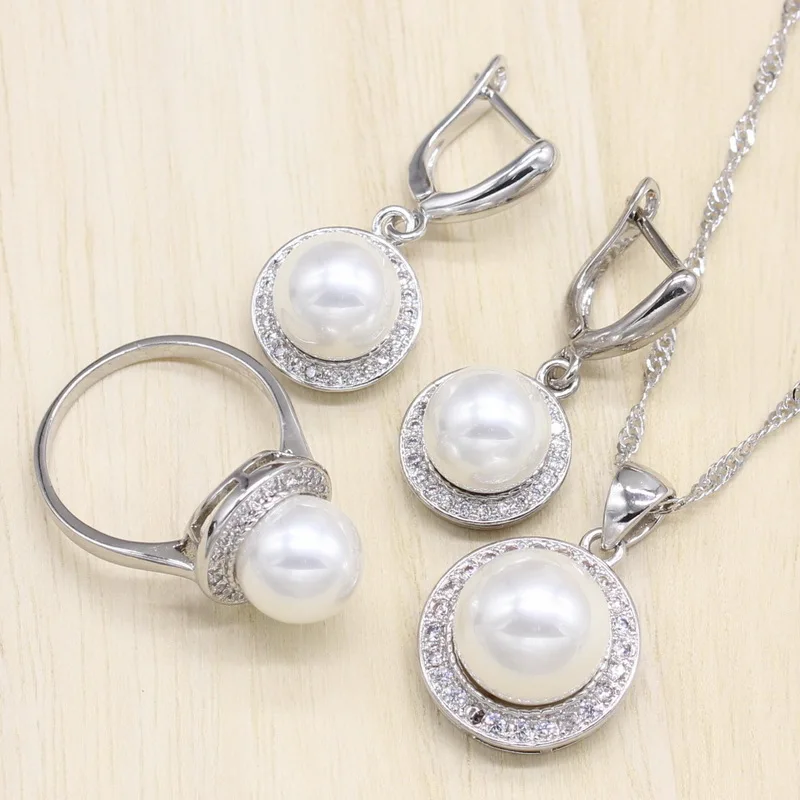 

925 Sterling Silver Jewelry White Cubic Zirconia Round W Imitation Pearl Jewelry Set For Women Earrings/Ring/Pendant/Necklace