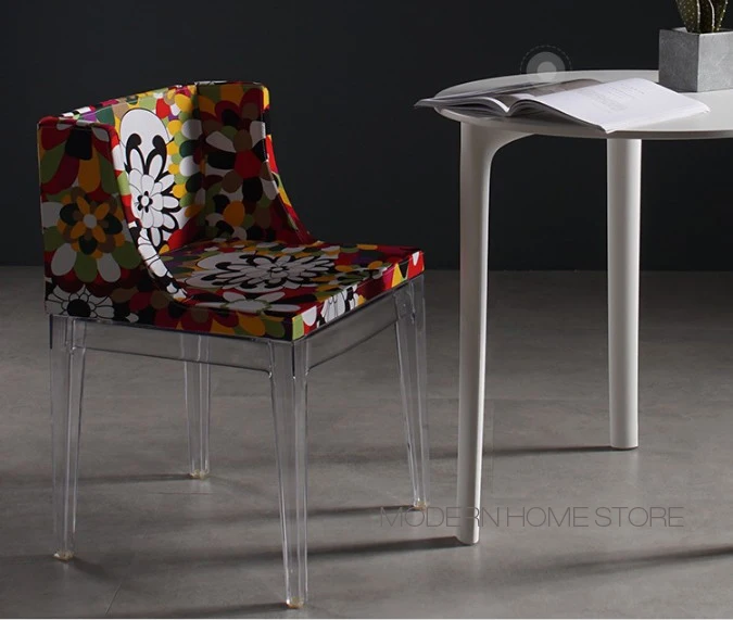Современный классический дизайн моды Лофт Красочные цветы ткань мягкая крышка мягкий прозрачный основание обеденный стул 1 шт