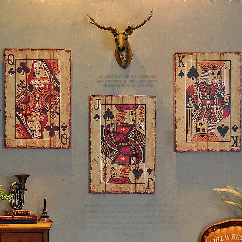 

Vintage wood poker wall decoration Restaurant Cafe Bar Creative backdrop wall decor. Retro wood decor. Creative wood paint cards