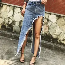 Cakucool Новая женская джинсовая синяя юбка с рваными краем с дырками необработанные края асимметричный дизайн юбка средней длины Европейская Горячая сексуальная высокая юбки с разрезом