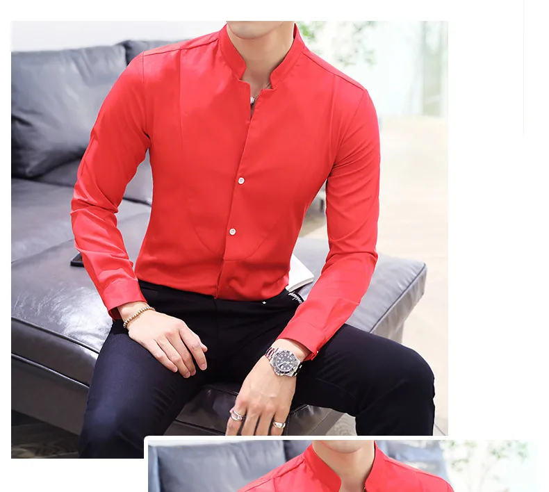 Черные, красные, белые мужские рубашки с длинным рукавом, тонкие элегантные Молодежные мужские рубашки, деловые Свадебные официальные рубашки для мужчин