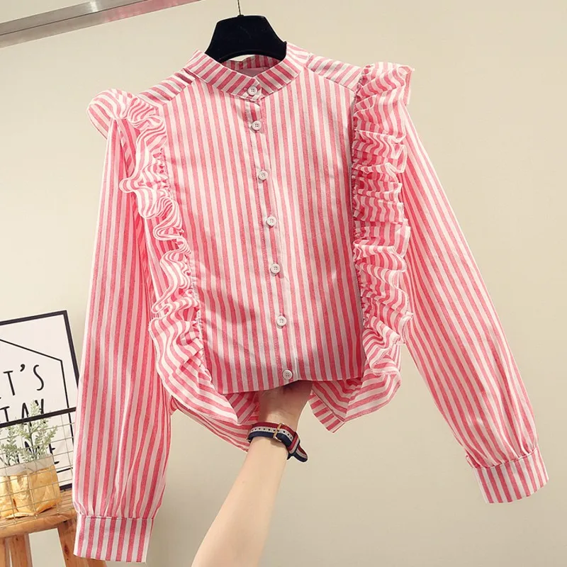 

Girls Student Sweet Blouse 2019 Spring Summer New Korean Women's Lotus Leaf Edge Shirt Striped Loose Large Size Shirts Blouses