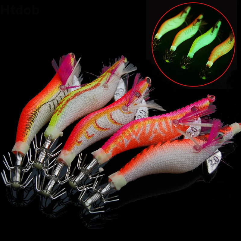 

5Pcs/Lot Night Luminous Squid Jig 2.0 Prawn Hook Wood Shrimp Baits Fishing Lures squid jigs Octopus Squid Hook Saltwater Baits