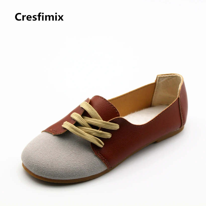 

Cresfimix women cute soft & comfortable lace up flat shoes female retro style brown street flats lady spring and summer shoes