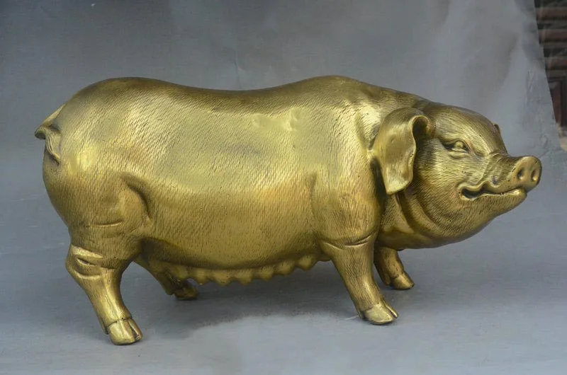 14" Folk Collection Chinese Feng Shui Pure Bronze Zodiac Pig Pigs Swine