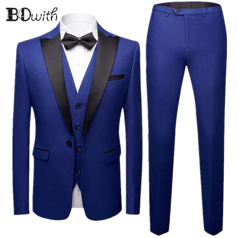 

High Quality Royal Blue Wedding Men Suit Peaked Collar One Button 3 PCs Jacket+Pants+Vest for Wedding Groom Tuxedos Formal Suit