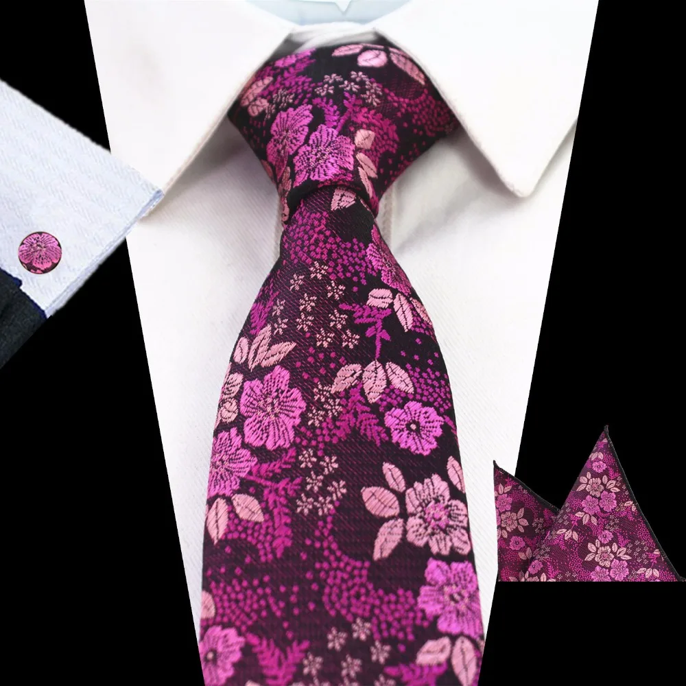 Mans Floral Tie 100% Silk Jacquard Necktie Handkerchief Cufflinks Wedding Tie Set For Men Formal Party