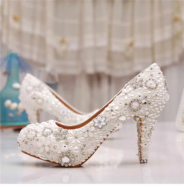 

2017 rhinestone Bridal shoes female High Heels flower pearl party african Shoes Women Pumps for wedding