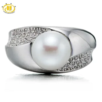 

Hutang 100% Natural Freshwater Cultured Pearl Rings Cubic Zirconia Solid 925 Sterling Silver Ring Fine ewelry Classic Style Gift