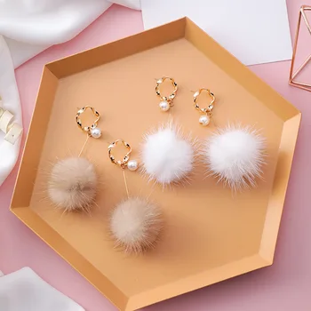 

12pairs/lot Geometry of Ring Pearl Hair Ball Earrings South Korea Fashion Ring Long Hair Down Ball Earrings