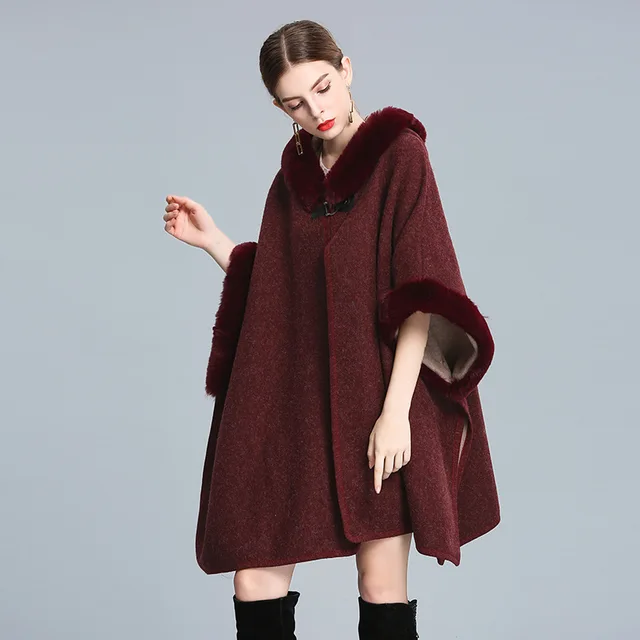 Women's hooded fur cape amice poncho rabbit knit thicken coat pullover jacket Sz 
