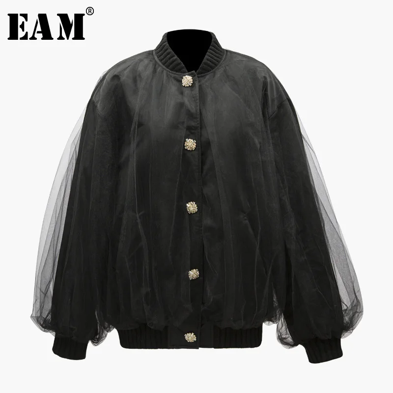 

[EAM] 2019 New Autumn Winter Stand Collar Long Sleeve Button Mesh Big Size Personality Jacket Women Coat Fashion Tide JY024
