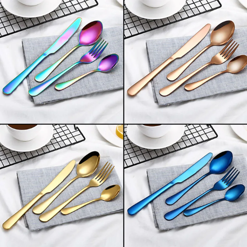 

Colored Gold rose gold flatware set mirror polished stainless steel serving cutlery set tableware include knife fork spoon
