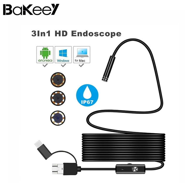 Bakeey 3 в 1 type C 7 мм 6Led Micro USB эндоскоп Инспекционная камера мягкий кабель для Android PC Для huawei для телефонов usb type C