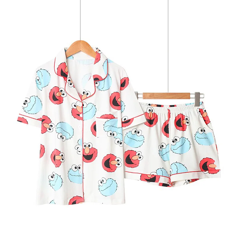 

Korean Style Women Summer Pajamas Set Cute Cartoon Printed Turn-down Collar Top+Shorts Ladies Sweet Sleepwear Cotton Homewear