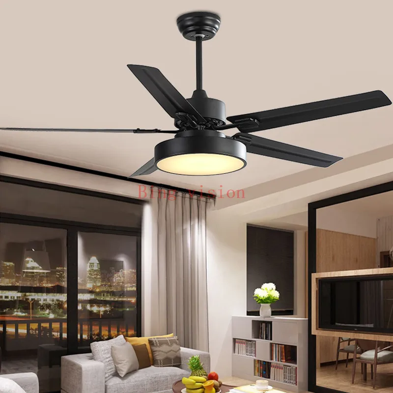 Günstige Moderne Led Schwarz Decke Fan 5 Blad esstainless stahl Decke Fans Lampen Mit Lichter Für Wohnzimmer hause Dimmen beleuchtung