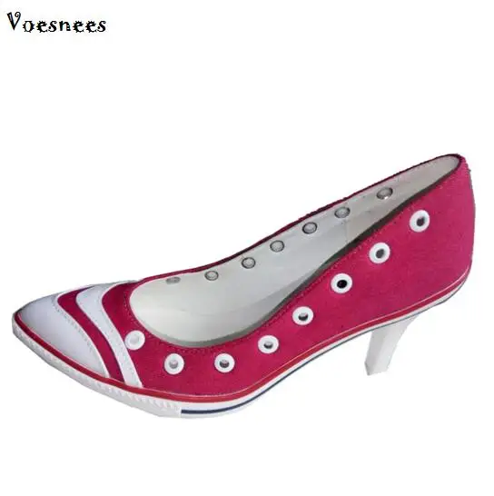 

New Women's Shoes, Cowboy high heels, European and American Fashion Canvas Shoes for Autumn Female Single Rivet Shoes Heel 8cm
