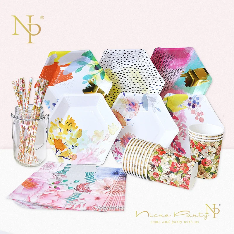 

Nicro Floral Tea Party Decoration Supplies Kit Disposable Paper Plates Cup Straws Tableware Picnic Wedding Birthday #Set71