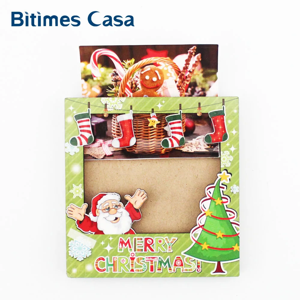 

Bitimes 1pc Christmas Decorations Refrigerator Fridge Magnets 3D MDF Photo Frame Small Size Home Decor Green Magnetic Stickers