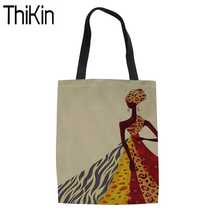 THIKIN хозяйственные сумки женские черные художественные африканские Девушки Печать льняные сумки на плечо дамские многоразовые сумки для покупок для женщин сумки-тоут