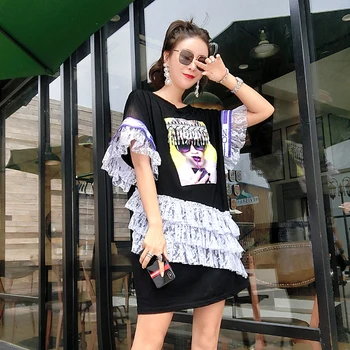 

Summer new hip hop tide brand purple glasses women hot painting lace stitching short-sleeved T-shirt loose street ladies T-shirt