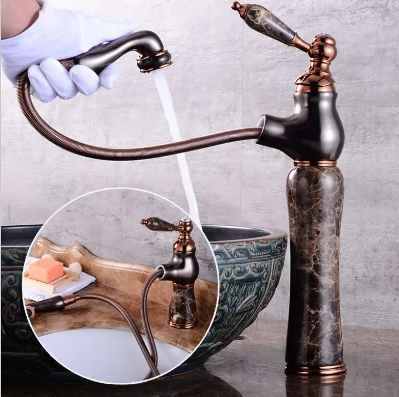 Hot and cold Rose Gold finish Pull out bathroom basin faucet Brass and