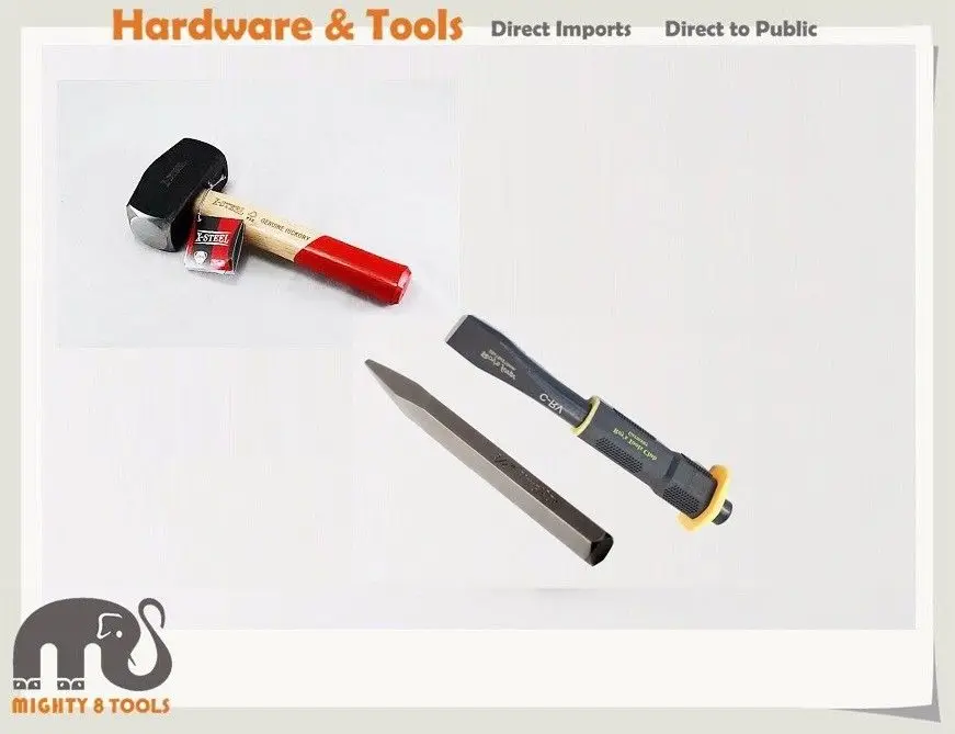 X Steel 3lb Club Stoning Hammer Hickory Handle+2pc 8" Flat Point Cold