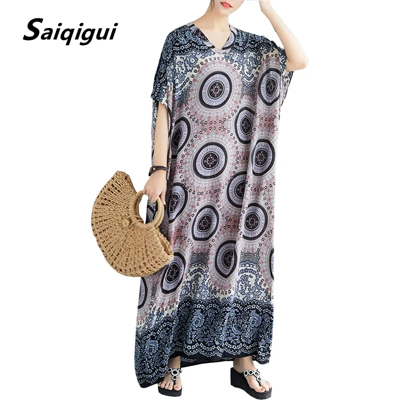 

Saiqigui 2019 spring summer maxi dress Vintage long women dress casual Loose Print elegant large size dress vestidos robe femme