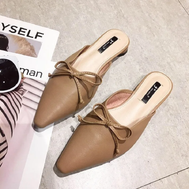 

Moxxy Women Flat Shoes Bowknot Brand 2019 Fashion Mules for Women PU Leather Pointed Toe Slip On Flip Flops Women Slipper