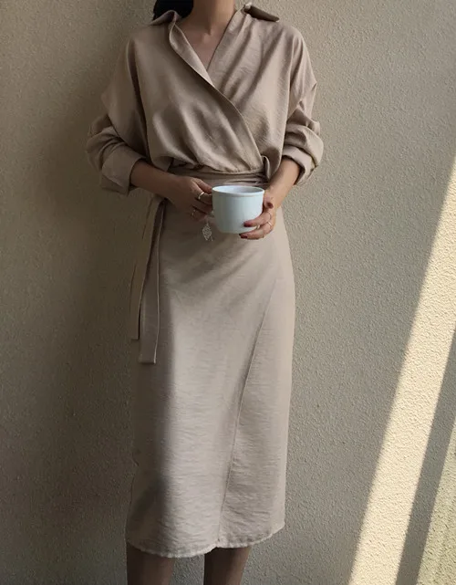 Yanueun женское элегантное свободное платье Normcore с длинным рукавом и поясом Женская