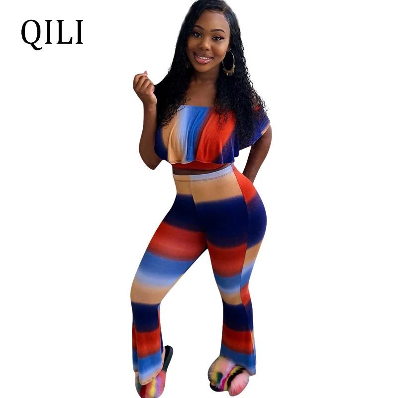

QILI Off Shoulder Two Piece Set Jumpsuits Rompers Top Ruffles Striped Print Boot Cut Full Length Casual Fashion Women Jumpsuits