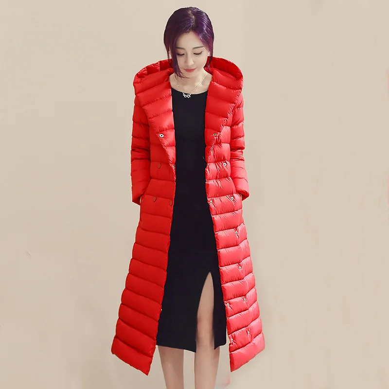 Beste 2018 Herfst Winter Vrouwen Eend Downs Jas Parka Sjerpen Lange Down Jas Dames Ultra Licht Bovenkleding Hooded Jassen Plus Size a881