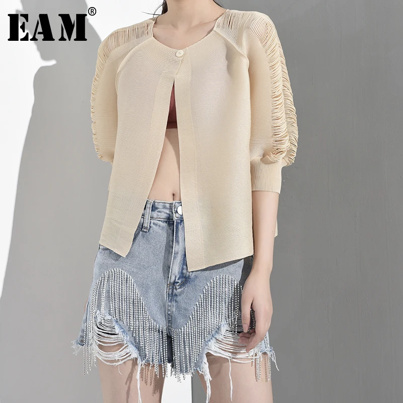 

[EAM] 2019 New Spring Summer Round Neck Three-quarter Sleeve Apricot Pleated Loose Big Size Shirt Women Blouse Fashion YF2361