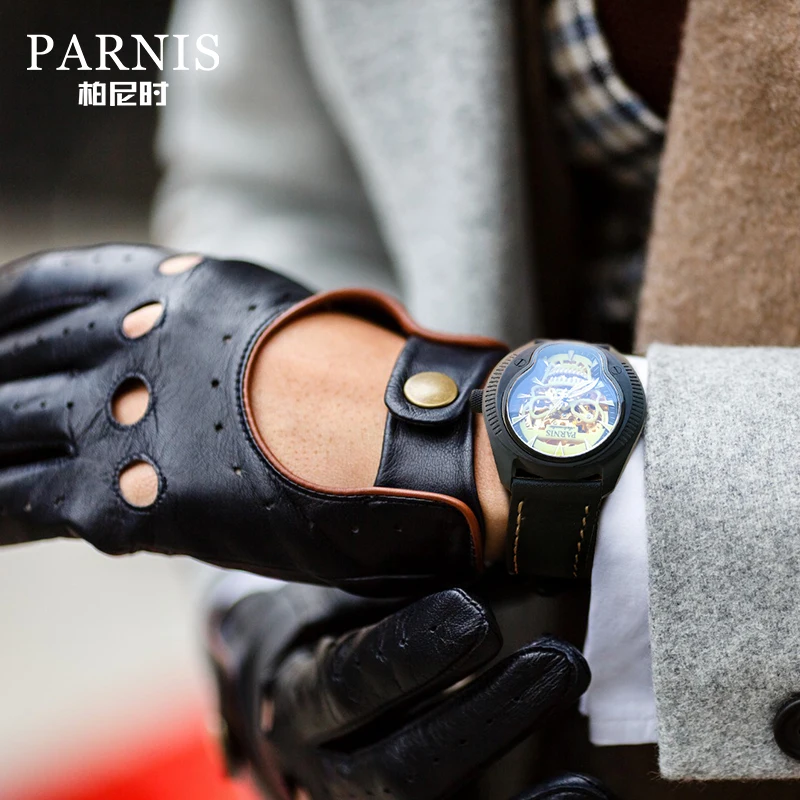 

New PARNIS 43mm Skull Skeleton Luminous Dial Men's Watches Sapphire Crystal Stainless Steel Band Mechanical Automatic Mens Watch