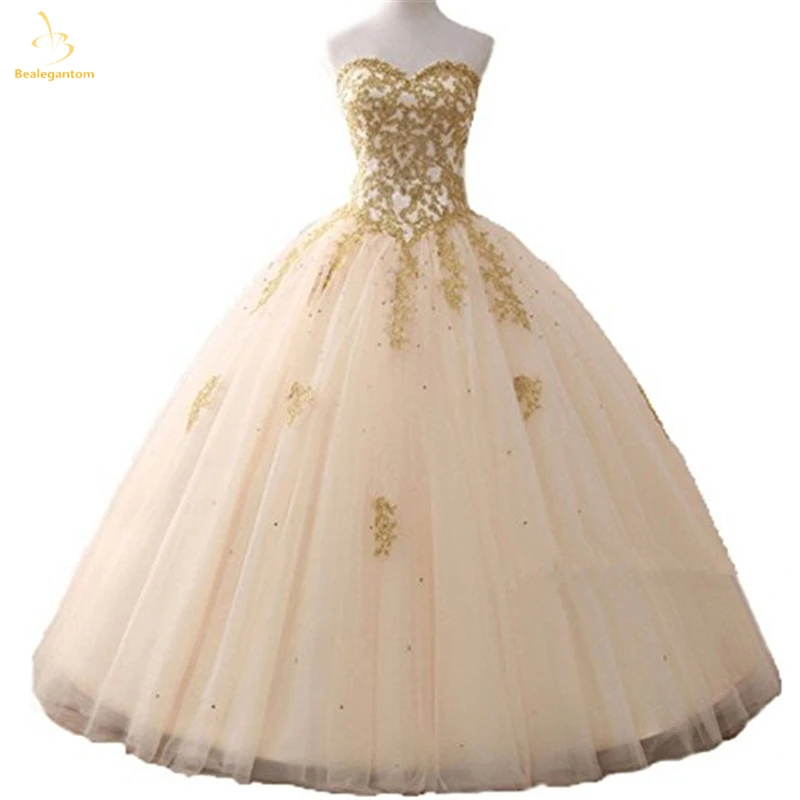 

Bealegantom New 2019 Gold Appliques Ball Gown Quinceanera Dress 2019 Sparkle Crystal Tulle Debutante Sweet 16 Party Dress QA1485