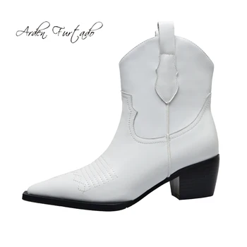 

Arden Furtado Fashion Women's Shoes Winter Pointed Toe Chunky Heels Pure Color Slip-on Women's Boots Short Boots Leather
