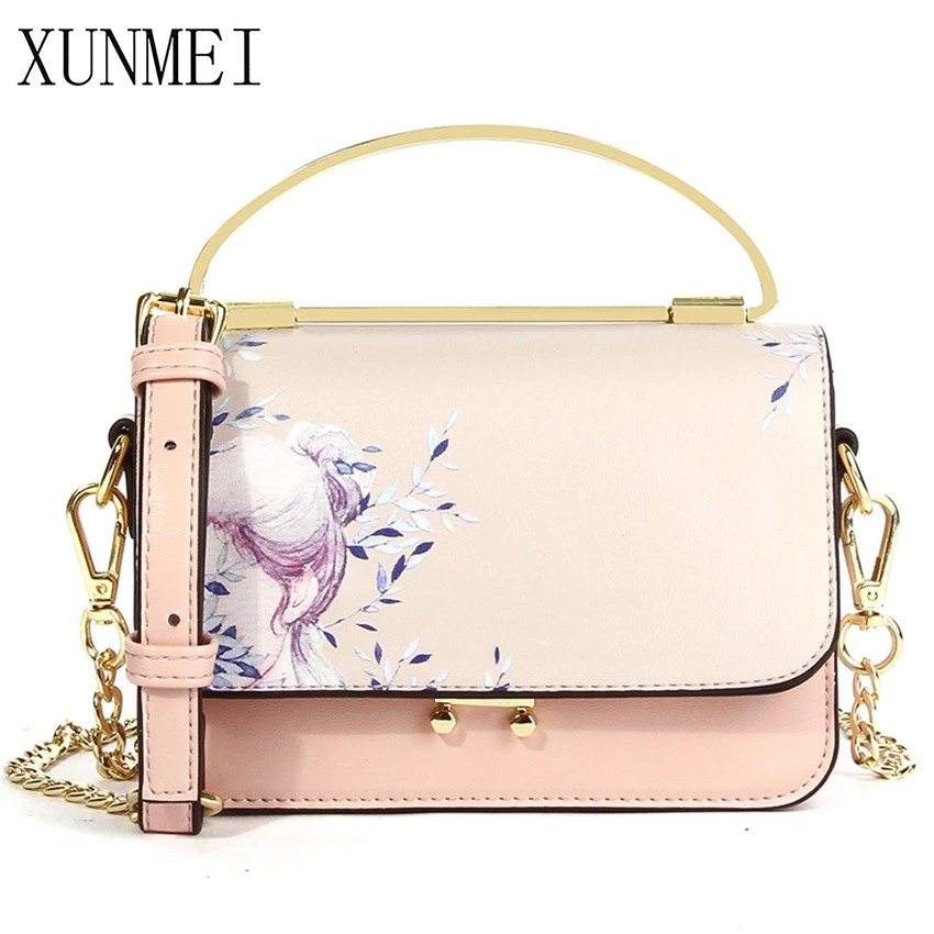 

XUNMEI Pink Women Bags with Flower Print Mini Chain Handbags for Girls Crossbody Bags Flap PU Leather Shoulder Messenger Bags