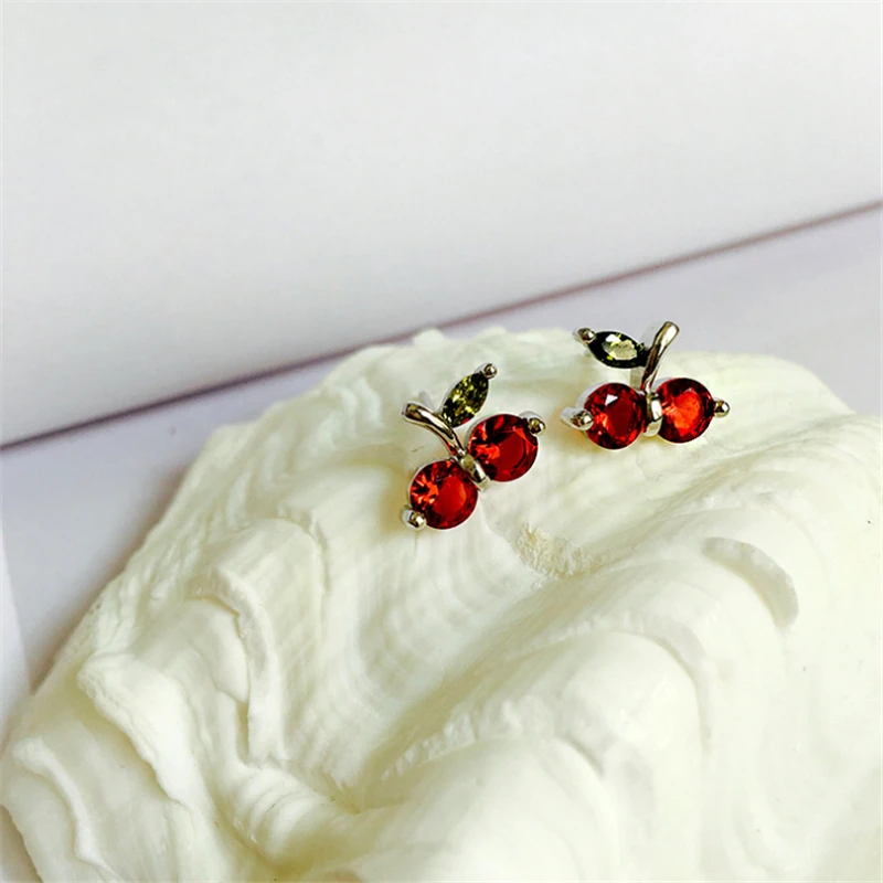 

Korean Fashion Luxury Fresh Fruit Cherry Earrings Golden 925 Sterling Sliver Gotico Red Stone Green Leaf Studs Women&Girls ED574