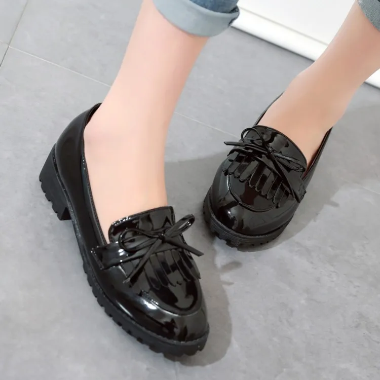 

Big Size 11 12 13 ladies high heels women shoes woman pumps Fringed bowed square-heeled round-headed lacquer overshoes