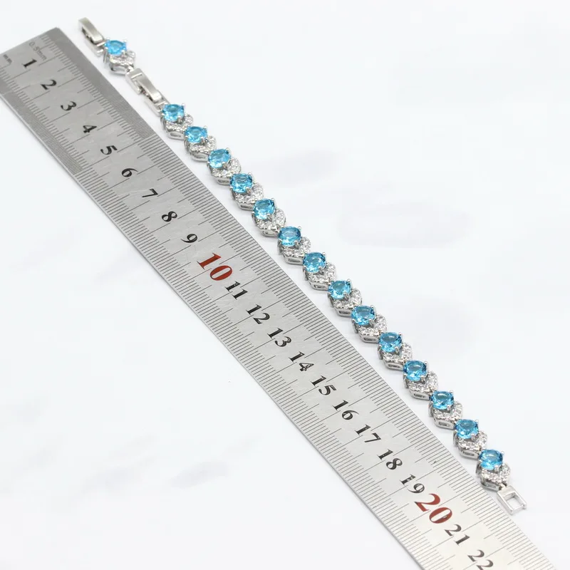 Круглый светильник, синий, белый, CZ, 925 серебряные ювелирные наборы для женщин, браслет, серьги, ожерелье, подвеска, кольца, подарочная коробка