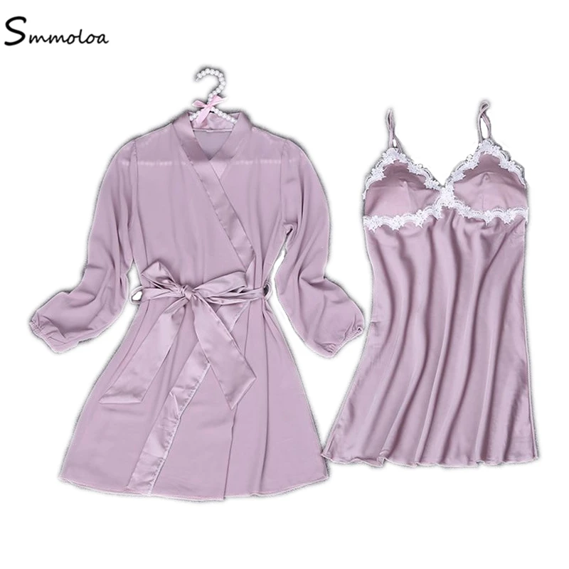 Smmoloa Женская шелковая пятнистая Одежда наборы Сексуальная кружевная Пижама Халат + набор ночных рубашек новое поступление