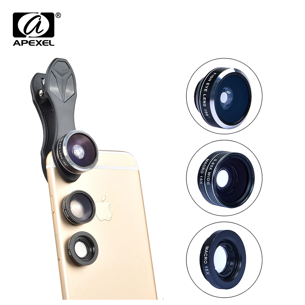 APEXEL fisheye 3in1 объектив камеры Kit 198 Fisheye + 0.63x Широкий формат и 15X макрообъектив для iPhone