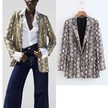 

2018 Autumn New Elegant Women Snake Print Blazers Europe America Notched Neck Work Blazer Causal Loose Femme Coat