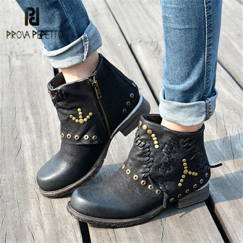 

Prova Perfetto Black Anker Boots for Women Platform Short Booties Winter Genuine Leather Rivets Studded Rubber Shoes Woman