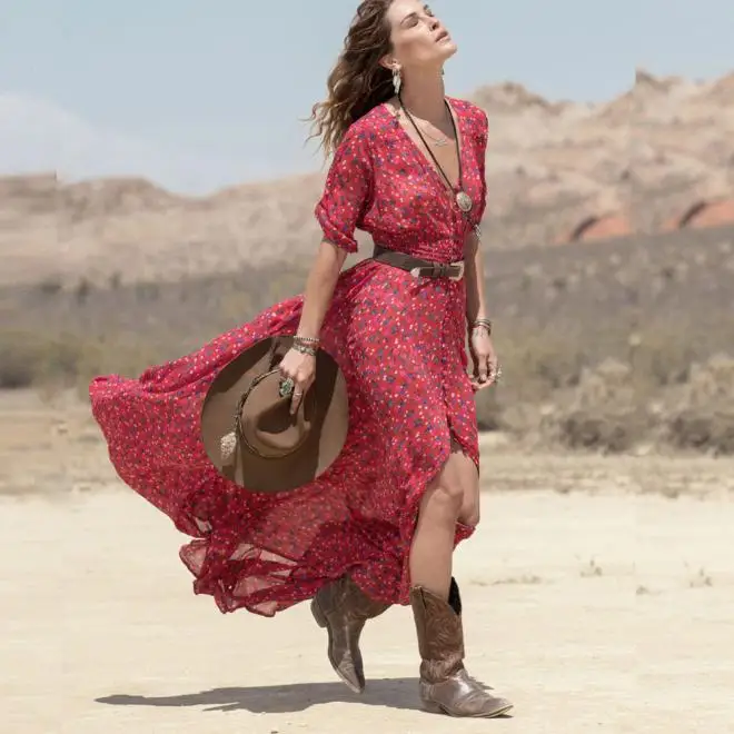 Women Boho Dress Beach Bohemian Dress Women Floral Print Long Sleeve Boho Dress Ladies Evening Party Long Maxi Dress